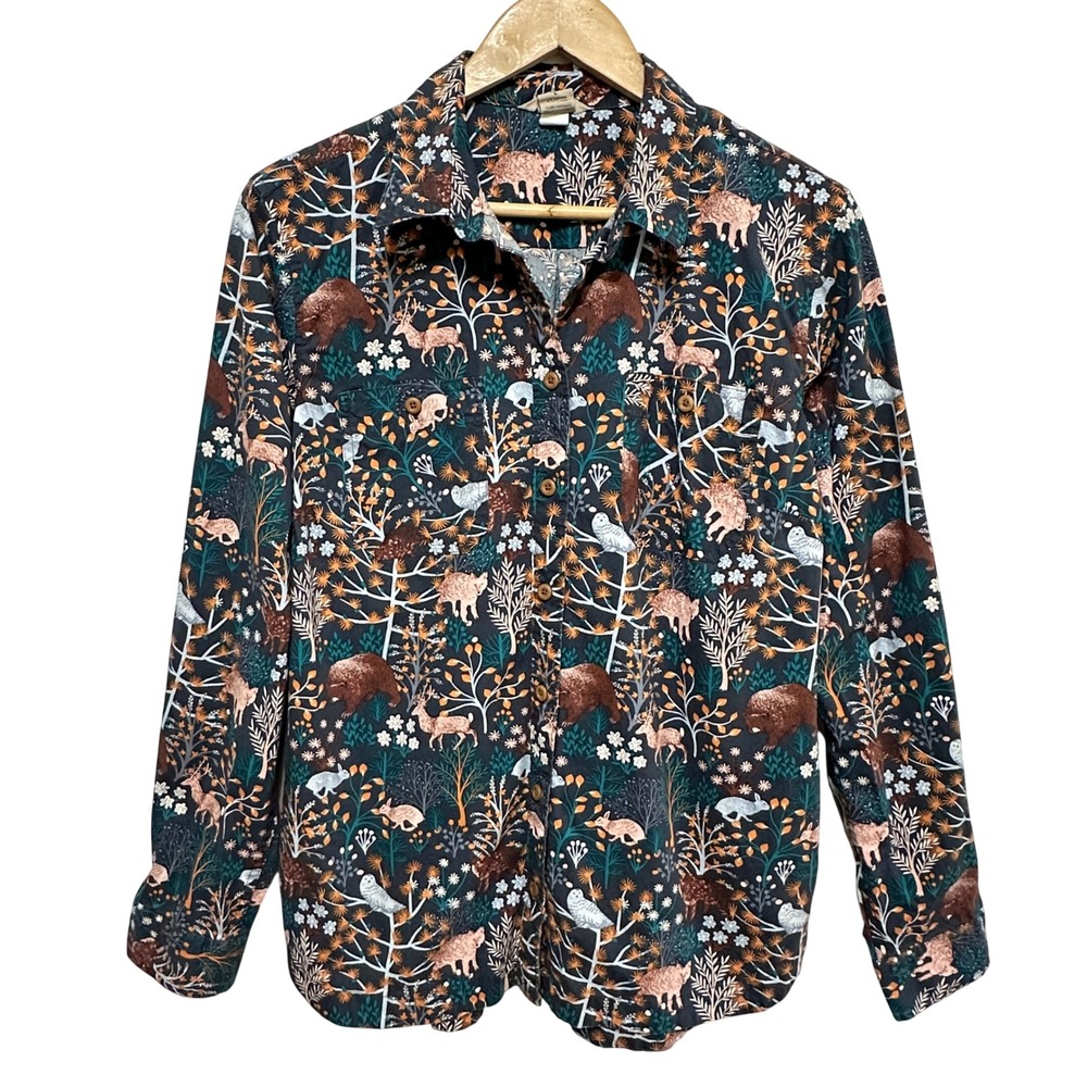 Duluth Trading Forest Animal Button Up Shirt Womens Large Outdoor Nature 13607